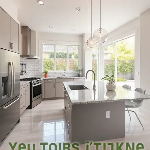 Beautiful remodeled Clairemont CA kitchen with sleek matte cabinets, stainless steel appliances, granite island, pendant lights, subway tile backsplash, and backyard view