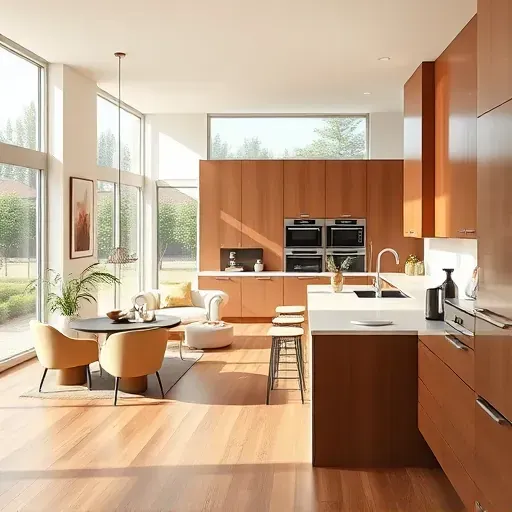Modern kitchen remodel in Harmony Grove CA with sleek cabinetry, elegant countertops, and large windows showcasing a garden.