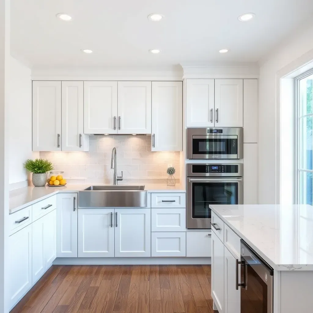 Modern kitchen in Torrey Highlands, CA featuring sleek cabinetry, marble countertops, stainless steel appliances, and stylish lighting.