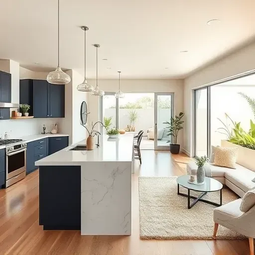 A modern kitchen in Leucadia, CA with quartz countertops, stainless steel appliances, and a bright living area.