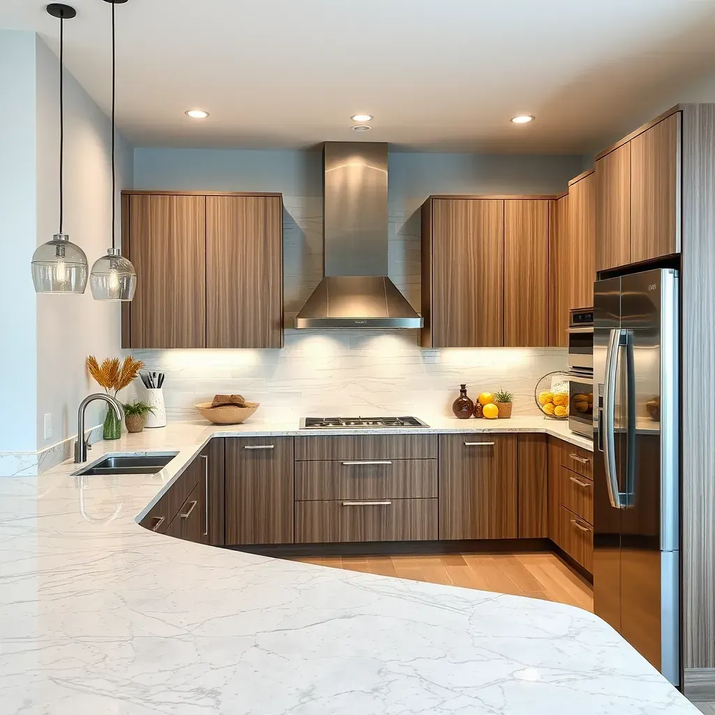 Modern California kitchen in Pala Mesa featuring open layout, natural light, oak cabinets, white quartz counters, and stainless steel appliances.