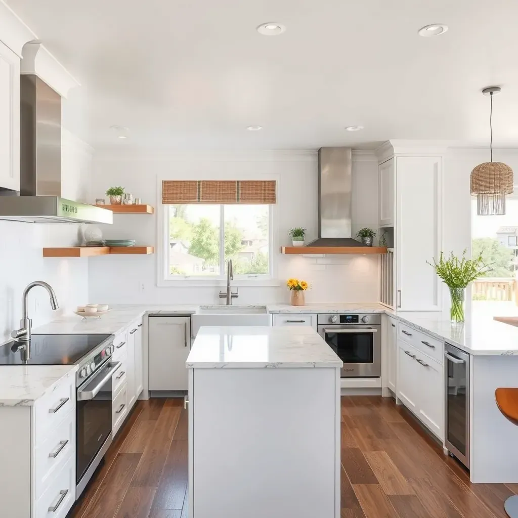 Modern coastal kitchen in Solana Beach featuring large windows, neutral tones, a waterfall island, and ocean views.