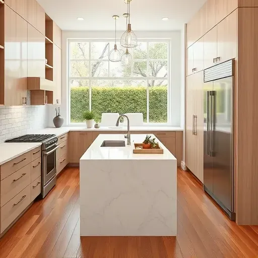 Beautiful renovated Del Dios CA kitchen with modern cabinetry, quartz countertops, subway tiles, stainless steel appliances, hardwood floors and garden view