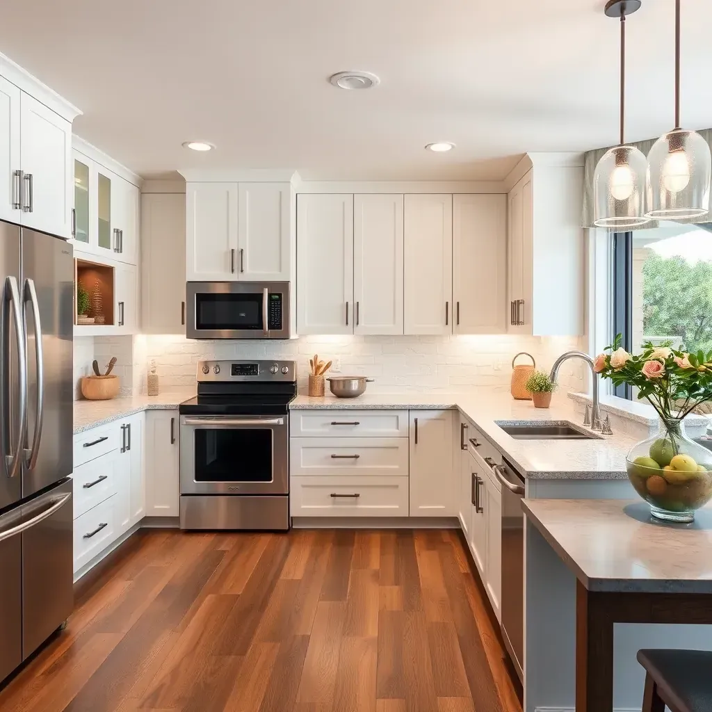 Beautiful modern kitchen in San Elijo Hills with large windows, white quartz countertops, maple cabinets, stainless appliances, and hardwood floors.