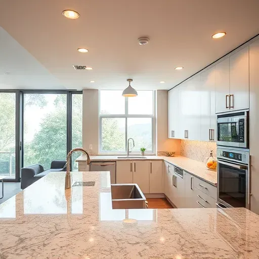 Bright modern kitchen in Vista CA with sleek lighting fixtures, recessed ceiling lights, under-cabinet LEDs and scenic outdoor view