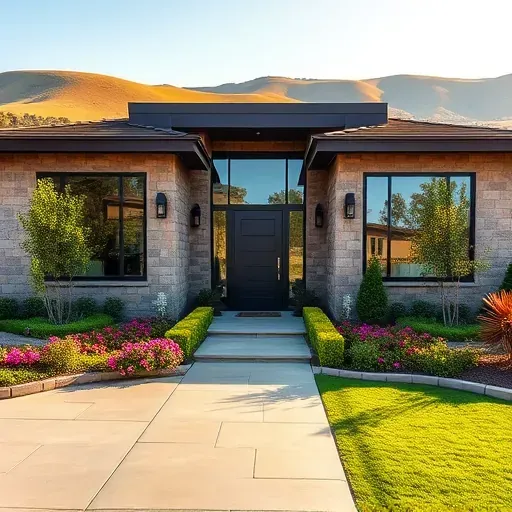 Home remodeling project in San Elijo Hills CA featuring elegant stone facade, panoramic windows, and vibrant landscaping.