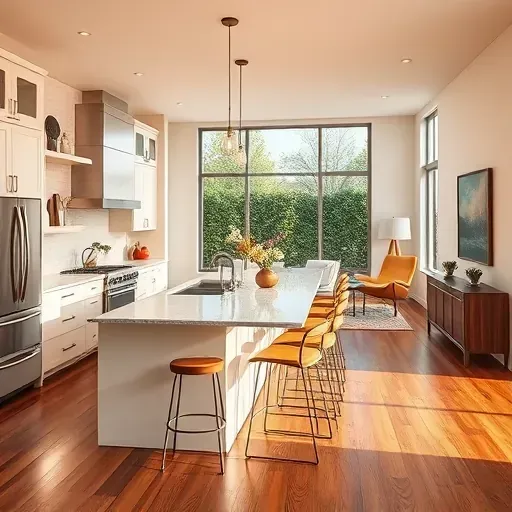 Modern kitchen remodel in Harmony Grove CA featuring sleek cabinetry, quartz countertops, and spacious island with bar stools.