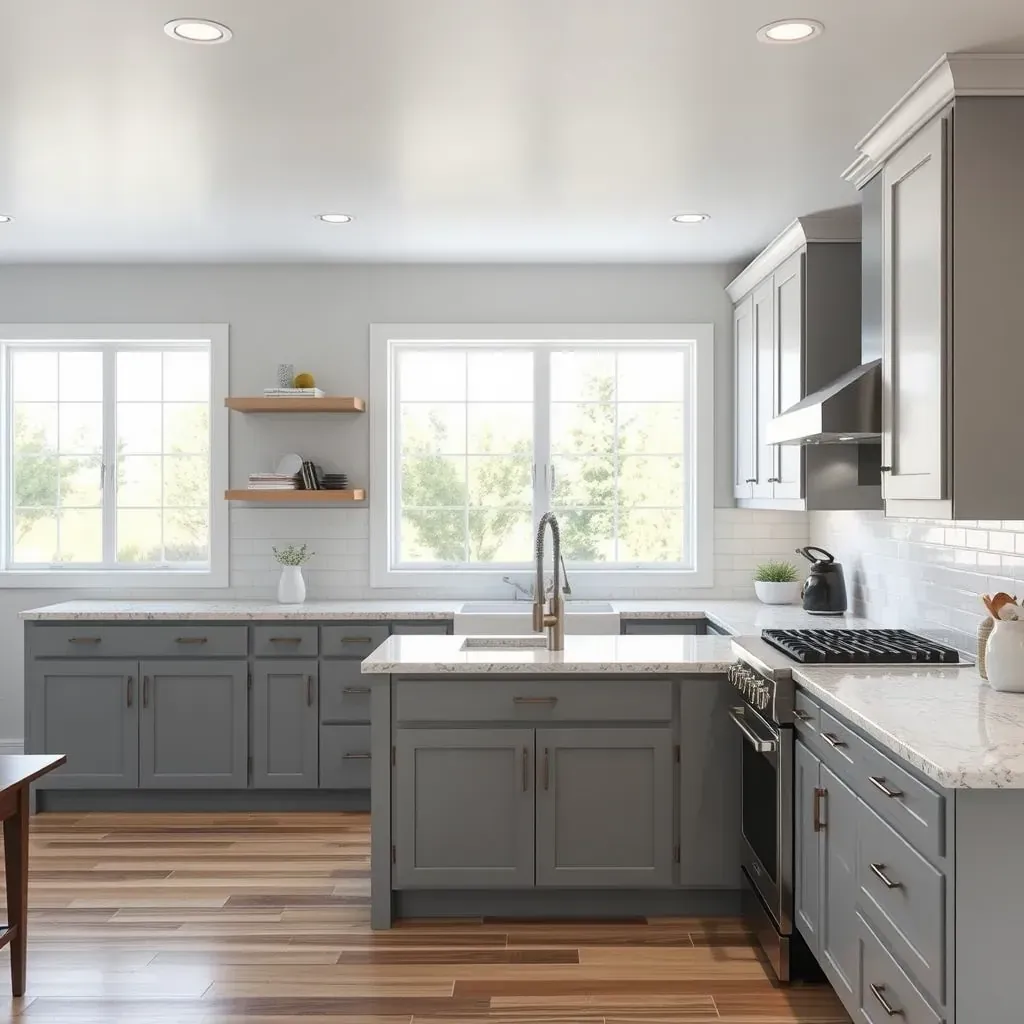 Spacious modern kitchen in Harmony Grove, CA with neutral tones, white cabinets, quartz countertops, stainless steel appliances, and natural wood accents.