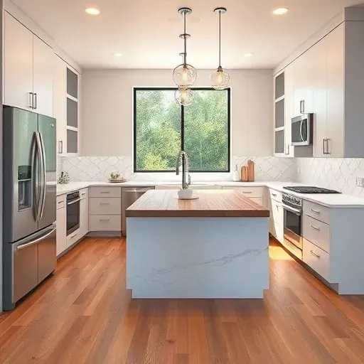 Beautiful modern kitchen renovation in Vista California with sleek cabinetry quartz countertops and lush outdoor view