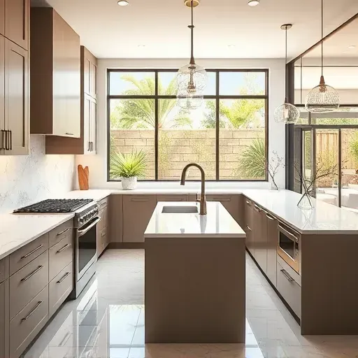 Renovated Vista CA kitchen featuring modern cabinetry, stainless steel appliances, marble backsplash, and natural light.