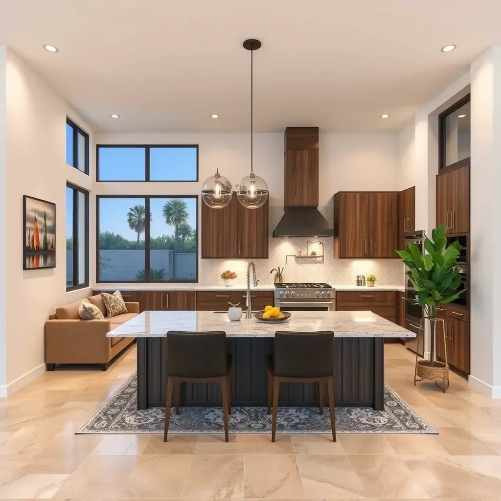 Remodeling in Del Dios, CA; Modern kitchen with granite countertops, new cabinets, and stylish lighting.