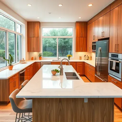 Modern kitchen remodel in Hidden Meadows CA with wood cabinetry, marble countertops, stainless steel appliances, and serene views.