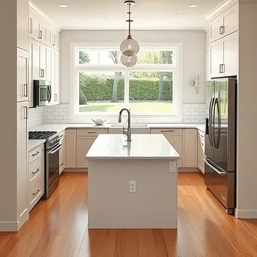 Modern remodeled kitchen in Rancho Penasquitos with sleek cabinetry, quartz countertops, subway tile backsplash, large windows, and stainless steel appliances