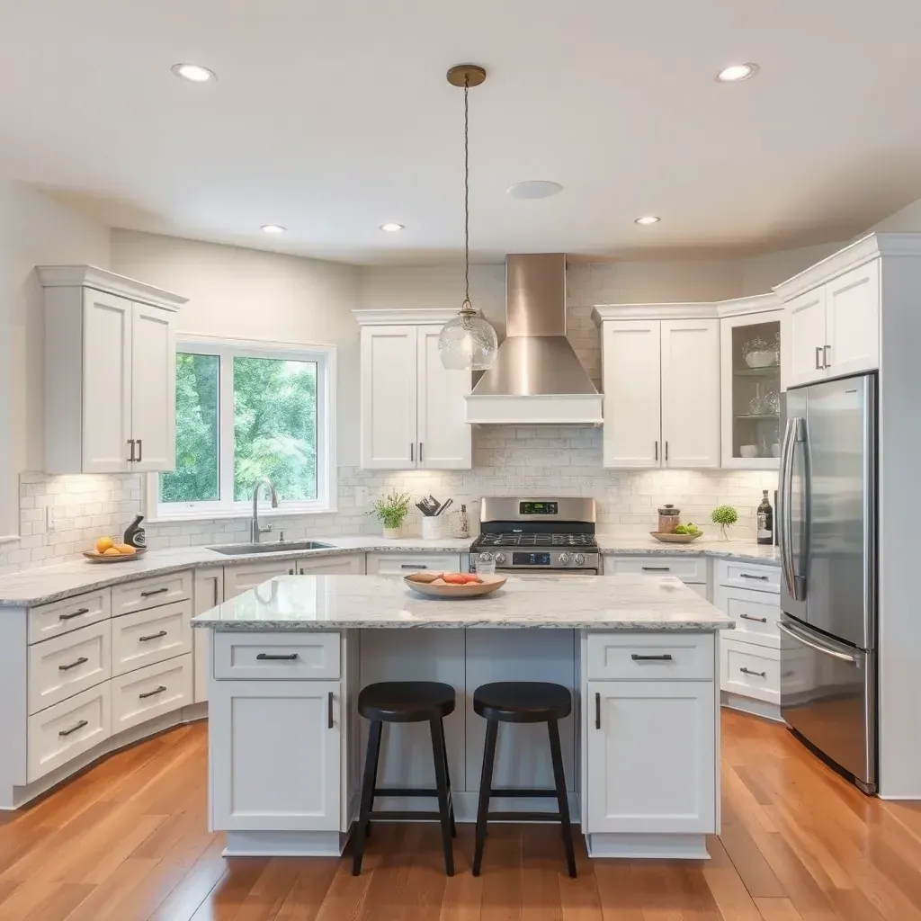 Beautiful modern San Marcos kitchen with white cabinets, granite island, stainless appliances, and large windows.