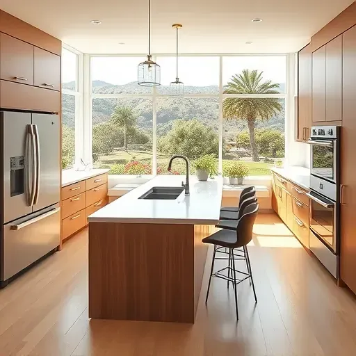 Renovated San Elijo Hills kitchen with modern wood cabinetry, quartz countertops, large island, stainless steel appliances, and natural lighting