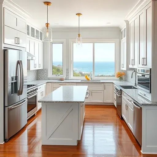 Modern seaside kitchen in Cardiff-by-the-Sea with stainless steel appliances, granite countertops, shaker cabinets, hardwood floors and ocean view
