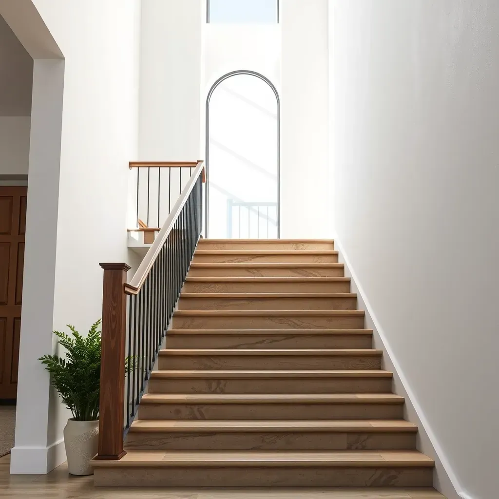 Detailed image of a Vista, CA outdoor staircase with ornate dark metal railing, lush greenery, and sunny California scenery.