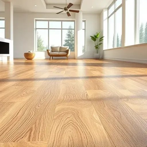 Close-up of textured vinyl flooring with realistic wood grain, natural color variations, in a modern bright interior space