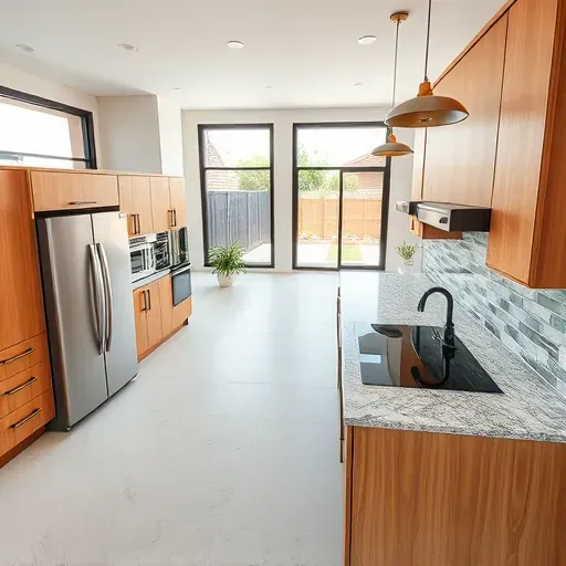 Renovated San Marcos kitchen with granite counters, matte black fixtures, custom wood cabinets, and natural light.