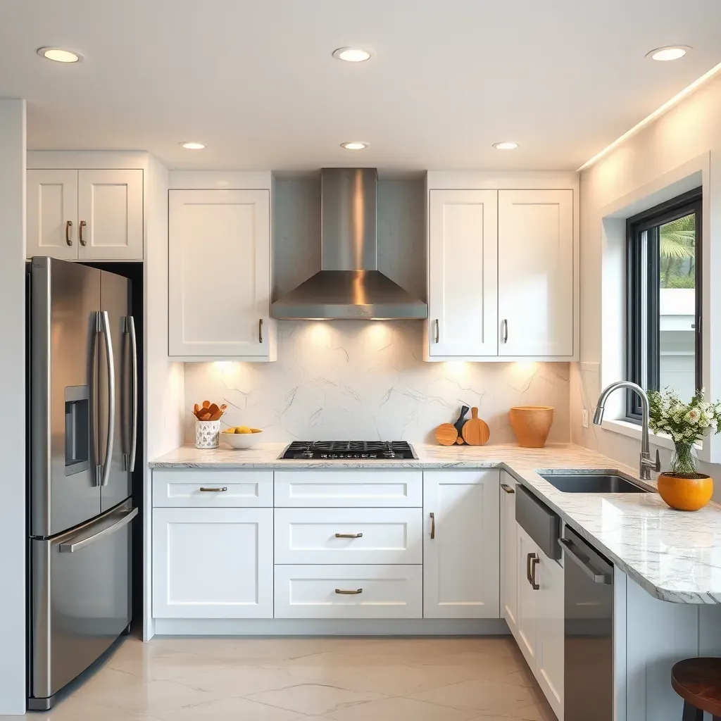 Modern Solana Beach kitchen with coastal views, sleek finishes, marble island, stainless appliances, and warm wood accents.