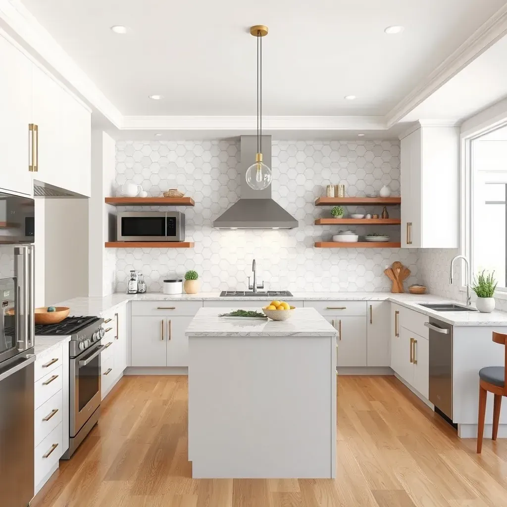 Modern coastal kitchen in Encinitas, CA with natural light, white cabinetry, island with quartz top, and ocean views.