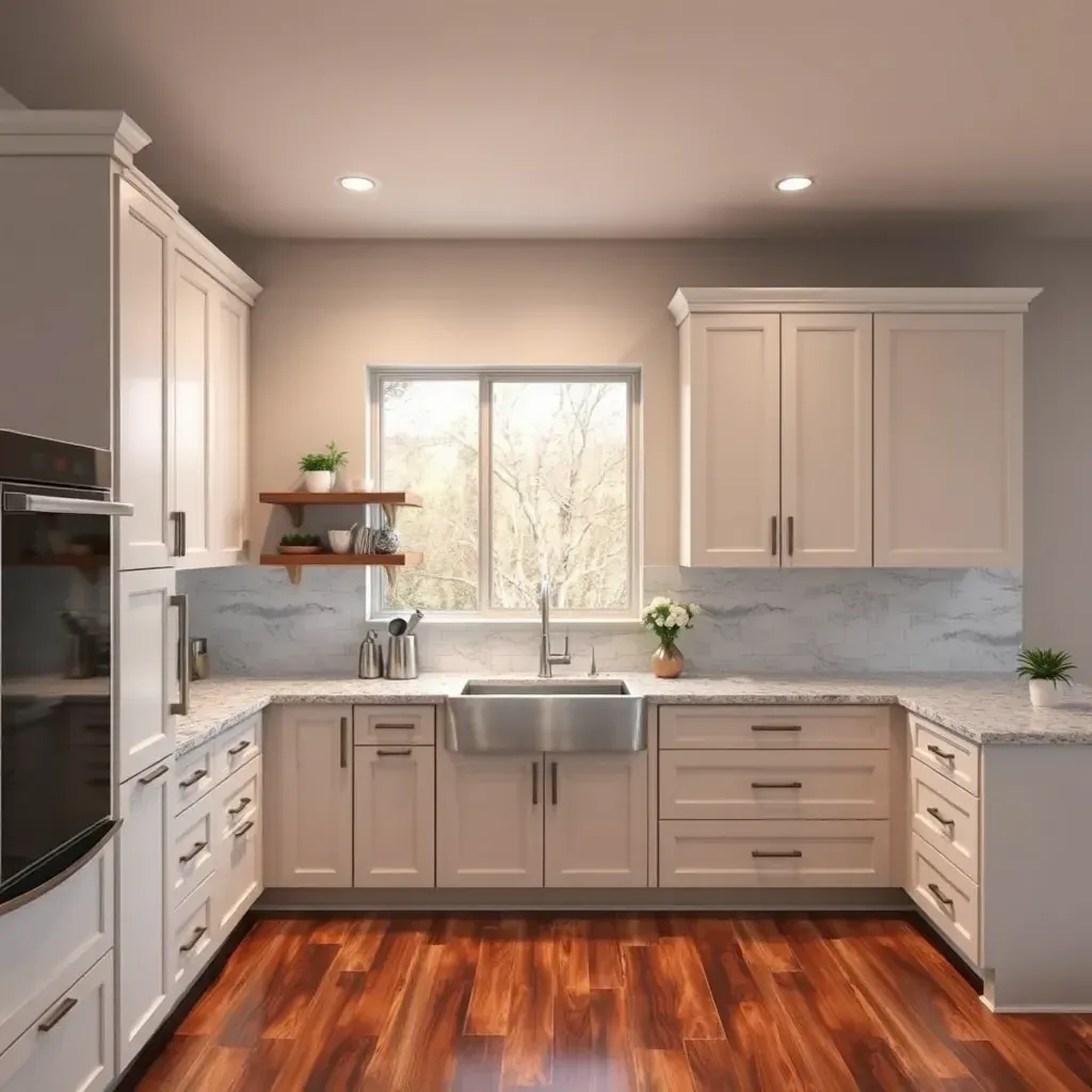 Remodeled Fallbrook, CA kitchen with warm wood cabinets, quartz countertops, large windows, island, and stainless steel appliances.
