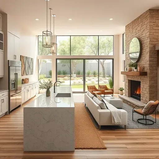 Newly remodeled open-concept kitchen and living area in Olivenhain, CA, featuring luxury finishes and abundant natural light.