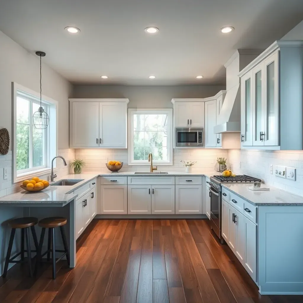 Modern Harmony Grove kitchen with reclaimed wood cabinets, quartz counters, island, black pendant lights, lush greenery view.