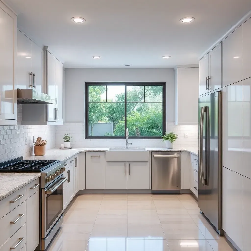 Modern San Diego kitchen with sleek cabinetry, quartz countertops, ocean views, stainless appliances, and warm wood flooring.