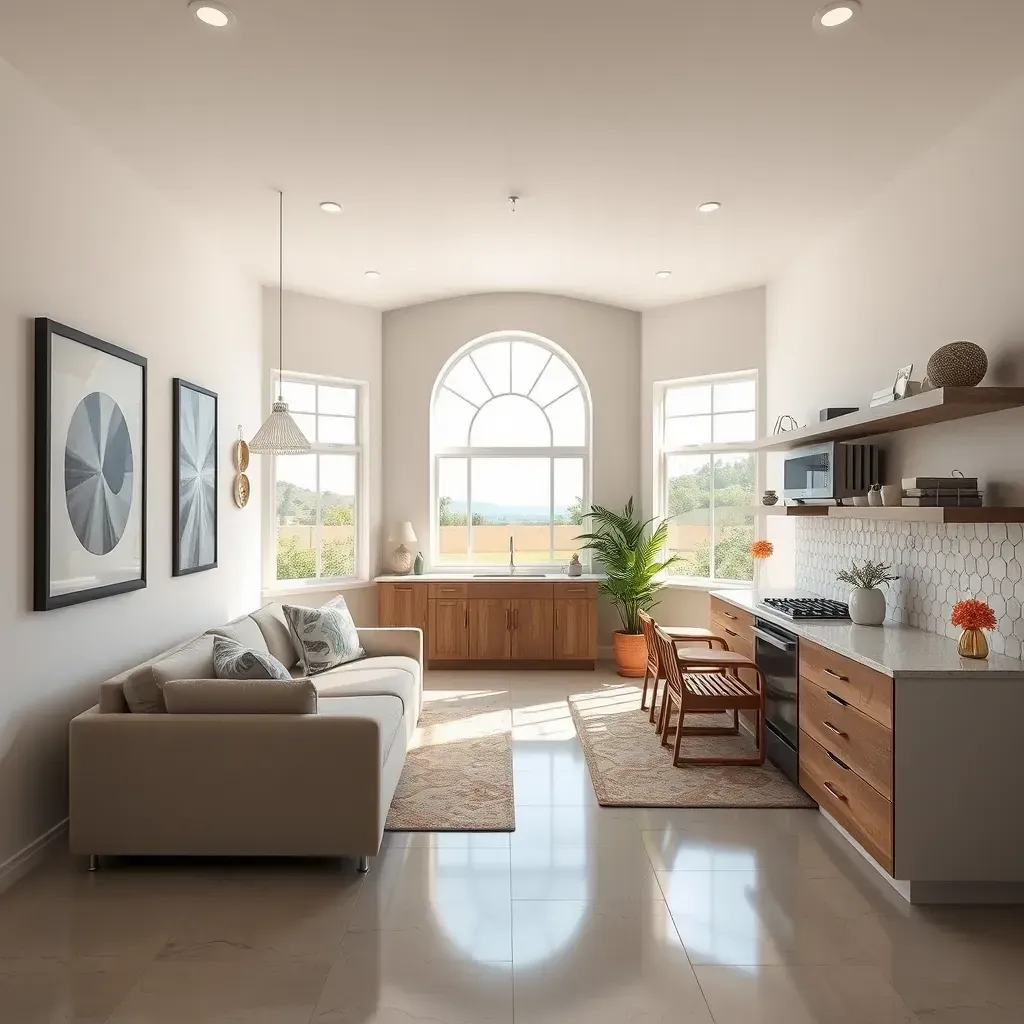 Modern San Marcos home with fresh front door, vibrant paint, drought-resistant plants, and scenic hillside backdrop.