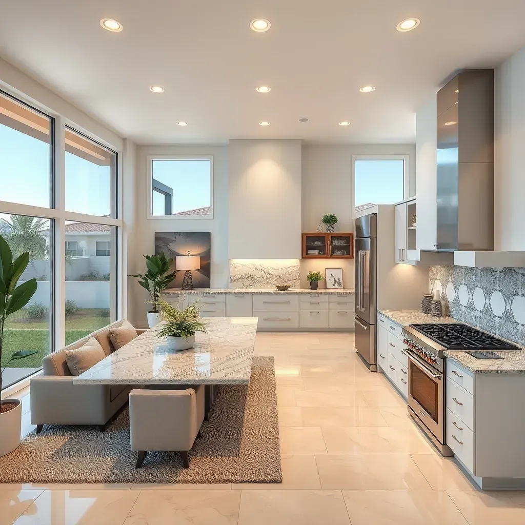 Modern coastal home remodeling in Carlsbad with ocean views, new landscaping, stainless steel fixtures, granite countertops, and wooden flooring.