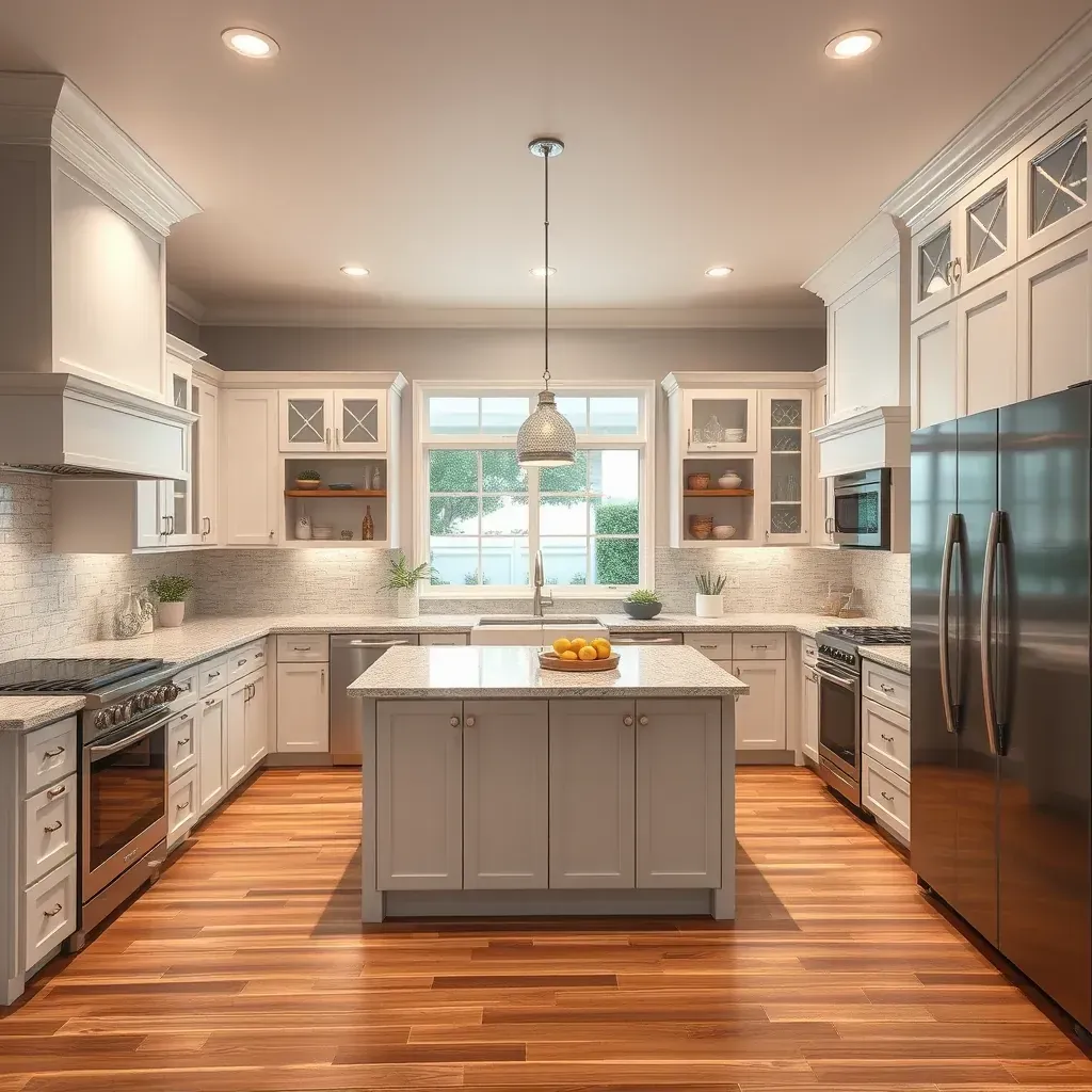 Modern coastal kitchen in Leucadia, CA with ocean views, neutral tones, sleek cabinetry, large island, and natural light.