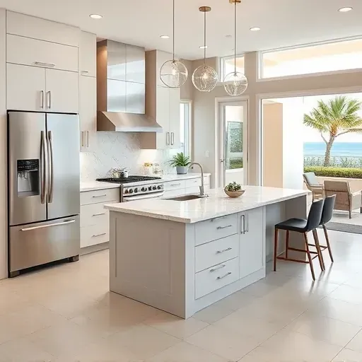 Modern remodeled Del Mar kitchen with sleek matte cabinetry stainless steel appliances marble island natural light coastal outdoor view
