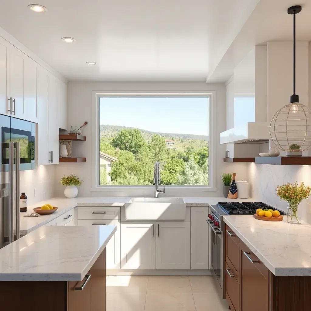Spacious San Elijo Hills kitchen with white cabinets, wood island, stainless appliances, tile backsplash, and landscape views.