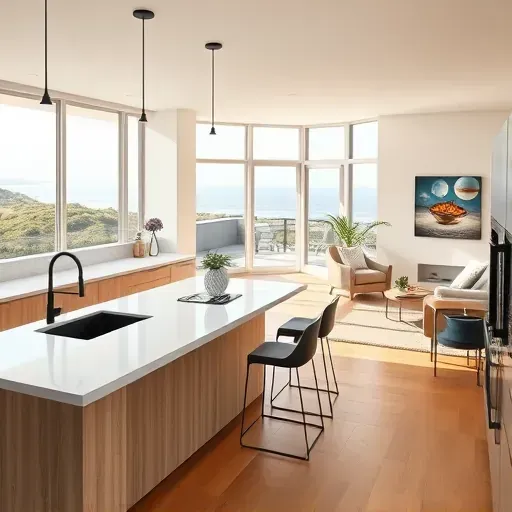 Remodeled Cardiff-by-the-Sea kitchen with quartz countertops, black fixtures, oak and white cabinetry, ocean view