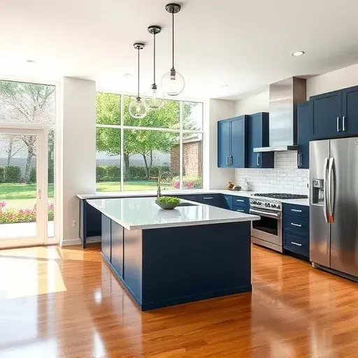 Recently remodeled modern kitchen with navy blue cabinets, stainless steel appliances, quartz island, hardwood floors, and large windows overlooking greenery