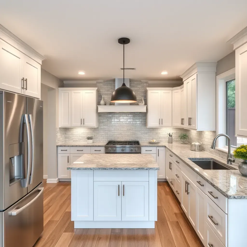 Modern Escondido kitchen with stainless steel appliances, quartz countertops, wood island, and lush California views.