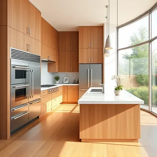 Modern kitchen in Poway with warm wood cabinets quartz countertops stainless steel appliances and garden view