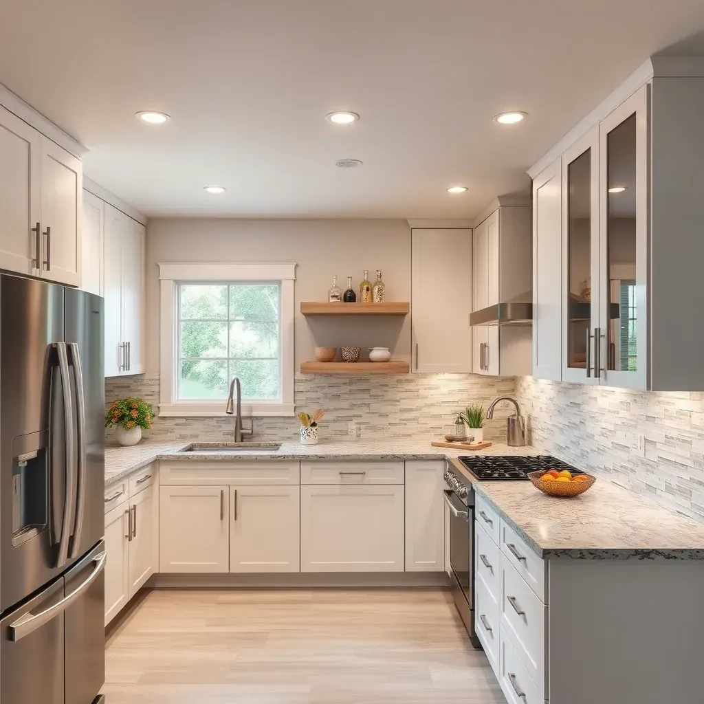 Modern University City kitchen with light gray cabinets, quartz countertops, subway tile backsplash, stainless steel appliances, and large windows.