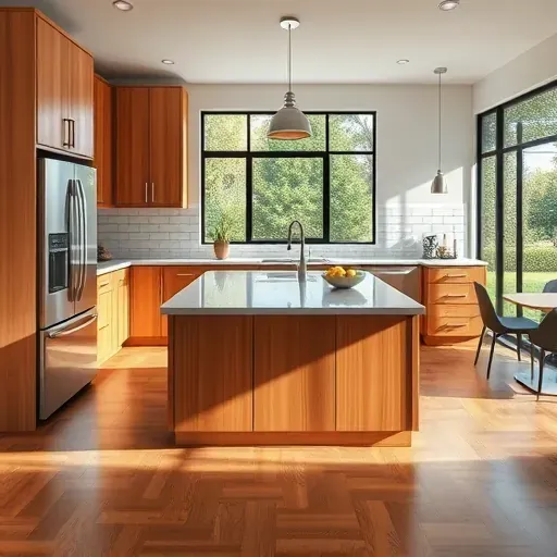 Newly remodeled kitchen in Bonsall CA featuring sleek wood cabinetry, stainless steel appliances, and polished granite island.