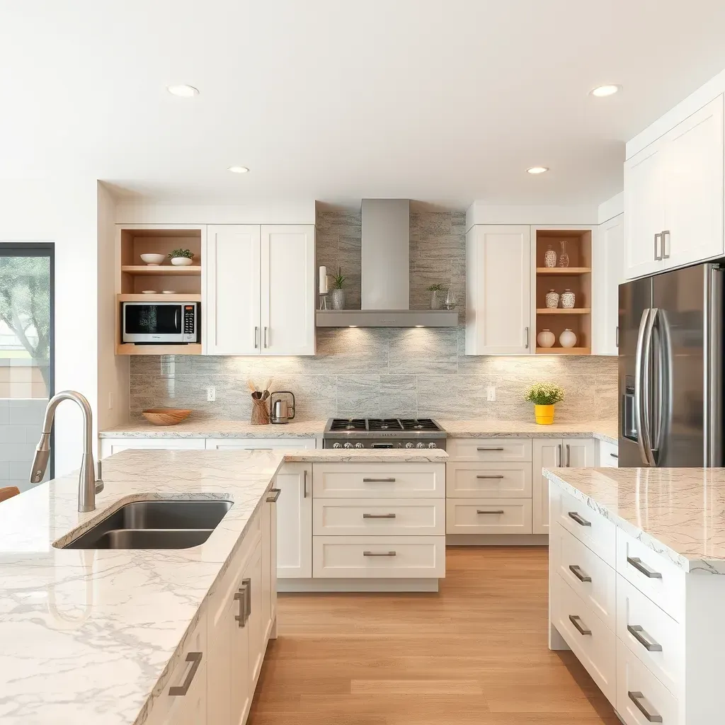 Modern Escondido kitchen featuring quartz countertops, shaker cabinets, stainless steel appliances, and natural light.