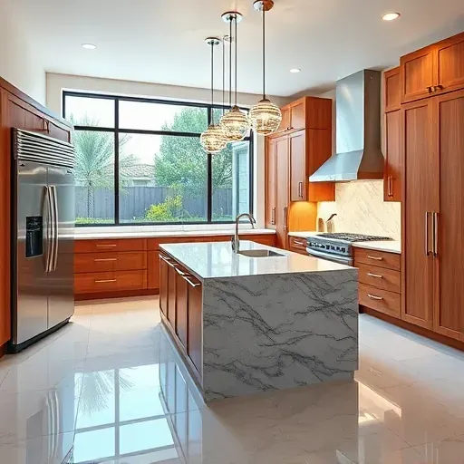 Completed kitchen remodel in Vista CA featuring sleek stainless steel appliances, marble island, and custom cabinetry.