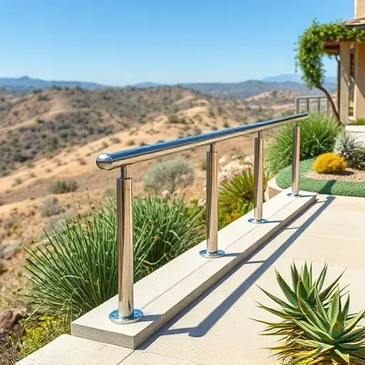 Freshly installed stainless steel handrails along a scenic outdoor pathway in Vista California with native plants and scenic hills