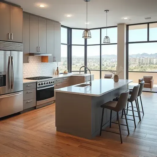 Modern Mira Mesa kitchen with matte cabinets stainless steel appliances marble island hardwood flooring scenic neighborhood view