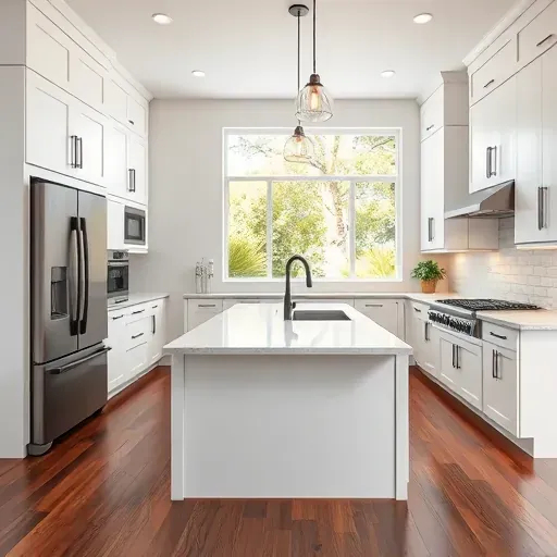 Remodeled Bonsall CA kitchen with quartz countertops, white shaker cabinets, stainless steel appliances, dark wood island, pendant lights, and scenic greenery views