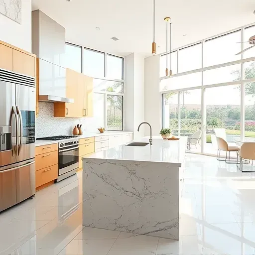 Renovated Mira Mesa kitchen with modern design, stainless steel appliances, quartz island, warm cabinetry, and natural light