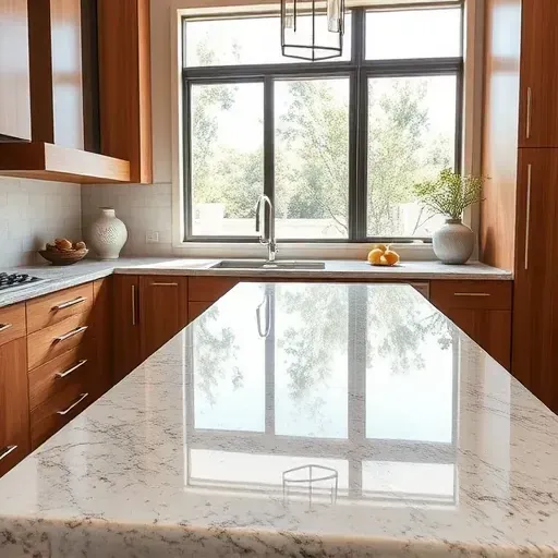 Seamlessly installed prefab granite kitchen countertop in Vista California fronting warm wood cabinets and bright natural light