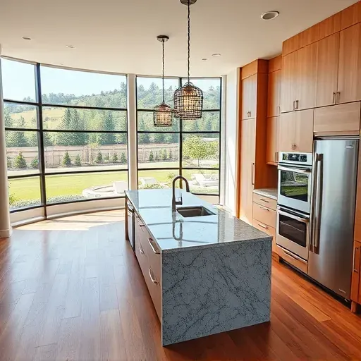 Renovated Fairbanks Ranch kitchen with granite counters stainless steel appliances custom wood cabinets natural light lush greenery view