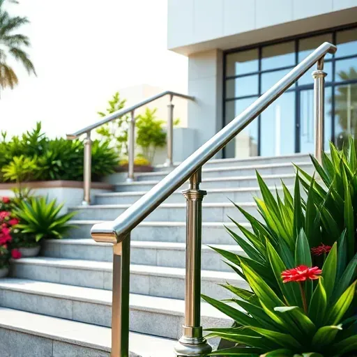 Polished stainless steel handrail on outdoor staircase in Vista California with green landscaping and modern building facade