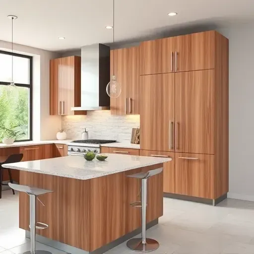 Beautifully finished modern RTA kitchen cabinets with natural wood textures, brushed nickel hardware, and a polished look in a bright, stylish space